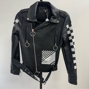 Fashion Nova Faux Leather Moto Jacket with Graphic Details – XS
